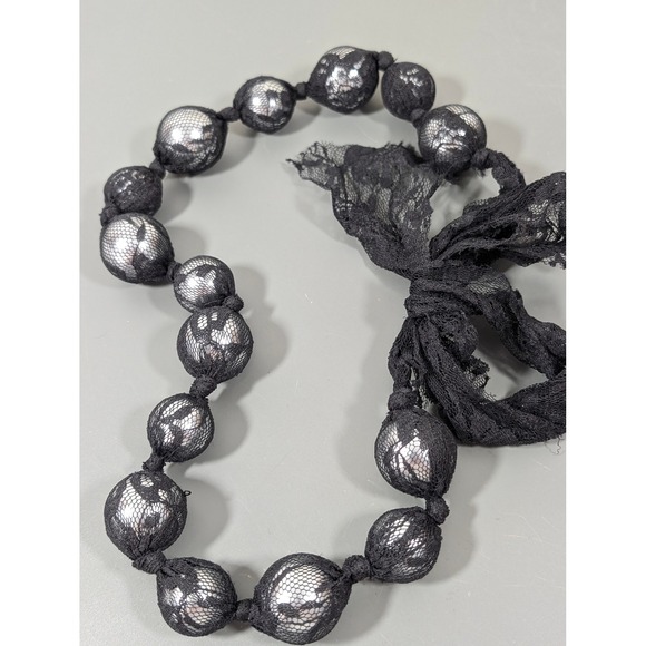 Gray Glass Faux Pearl Necklace Black Lace Tie Back Gothic Romantic Statement 26" - Picture 3 of 10